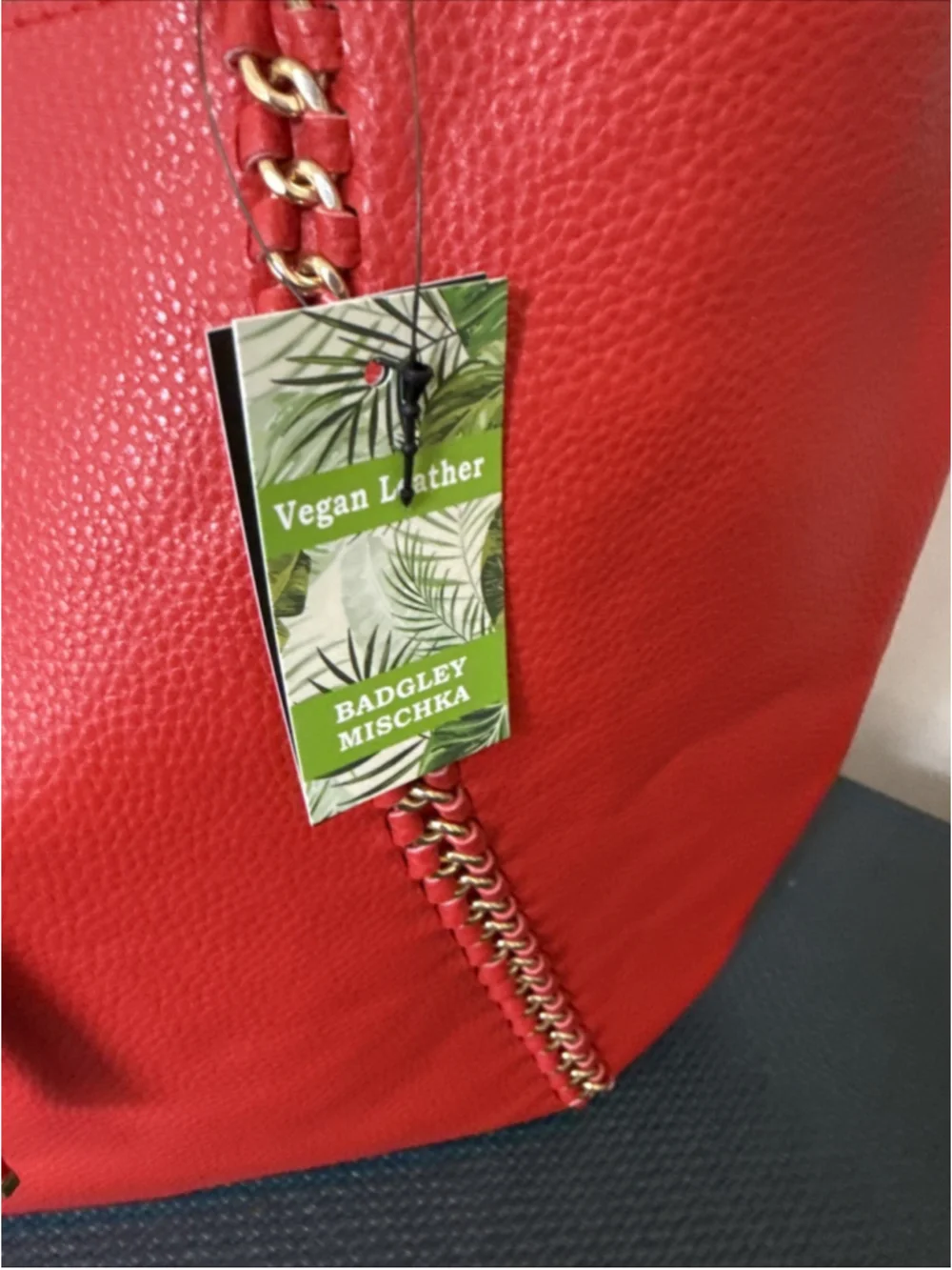 Badgley Mischka Womens Large Chain Tote Shoulder Bag Vegan Leather Red NWT 139.0 - Picture 5 of 7